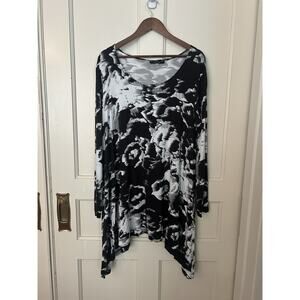 Bryn Walker Floral Stretch Tunic Dress Womens Size Large Black White Artsy